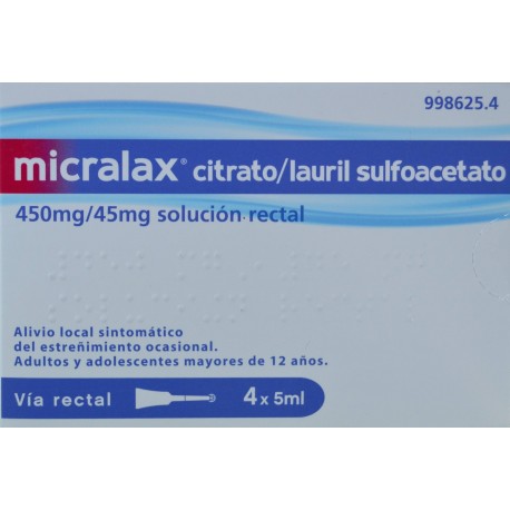 MICRALAX 4 CÁNULAS CITRATO/LAURIL SULFOACETATO 450 MG/ 45 MG SOLUCIÓN RECTAL