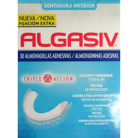 DENTADURA INFERIOR ALGASIV 30 ALMOHADILLAS ADHESIVAS FIJACIÓN EXTRA
