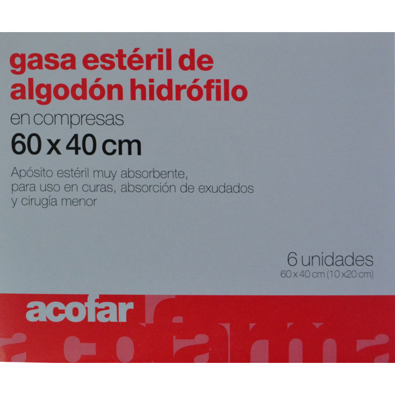 GASA ESTÉRIL DE ALGODÓN HIDRÓFILO EN COMPRESAS 6 UNIDADES 60 X 40 CM ACOFAR