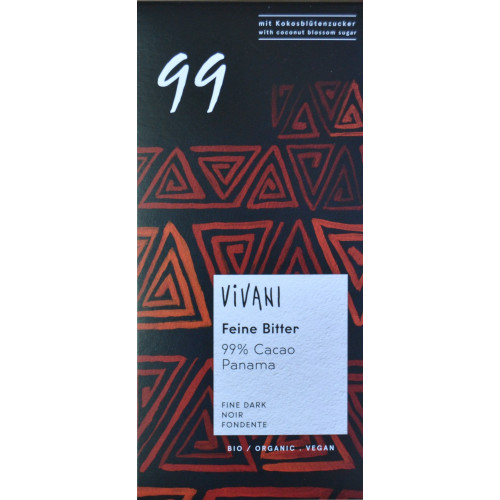 CHOCOLATE NEGRO ECOLÓGICO 99% CACAO PANAMA 80 G VIVANI