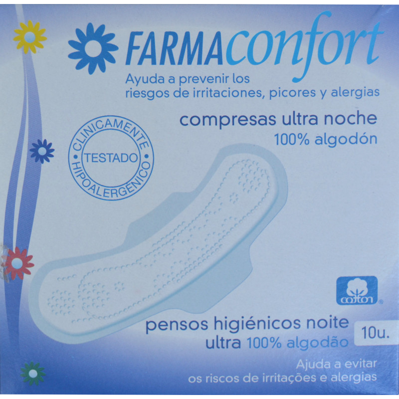 COMPRESAS ULTRA NOCHE 100 % ALGODÓN 10 U. FARMACONFORT